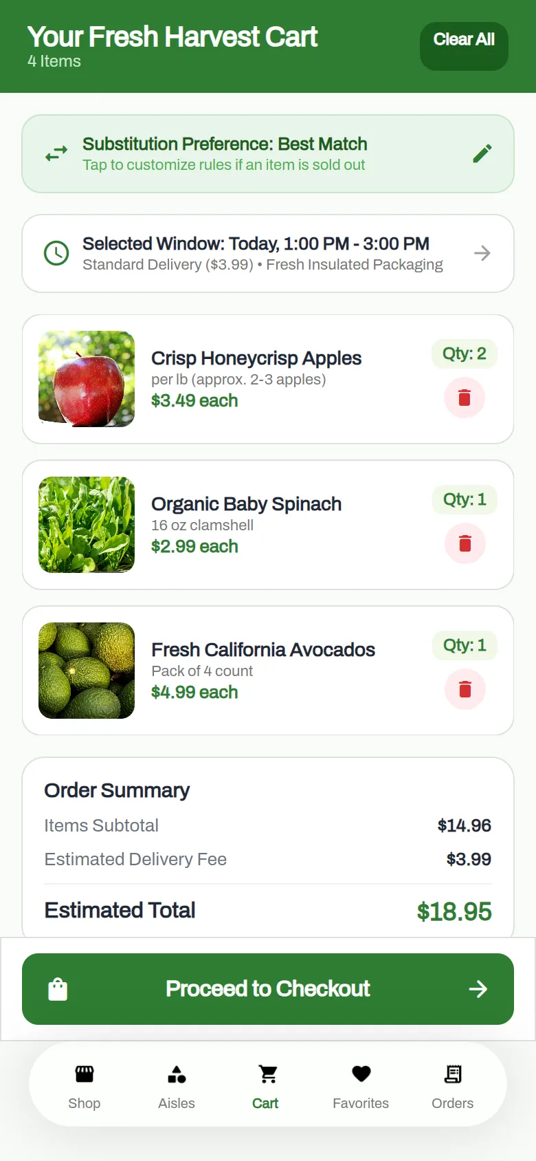 HarvestCart cart with three products, quantities and an order summary of $18.95